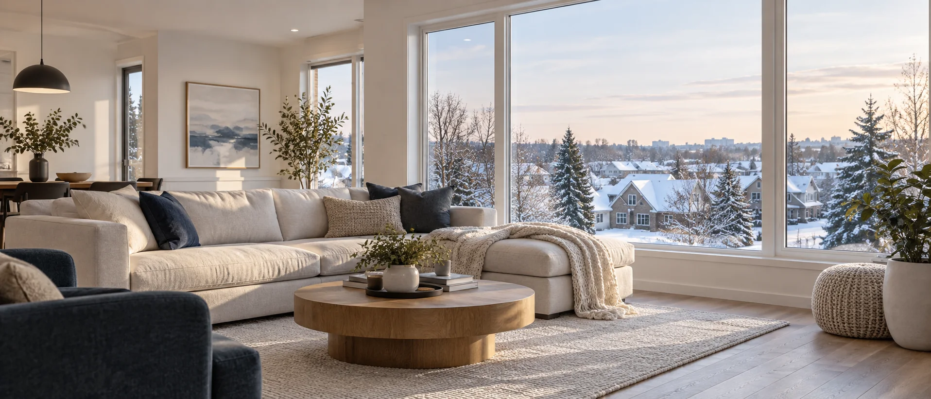 Bright, comfortable living room with large windows and soft natural light