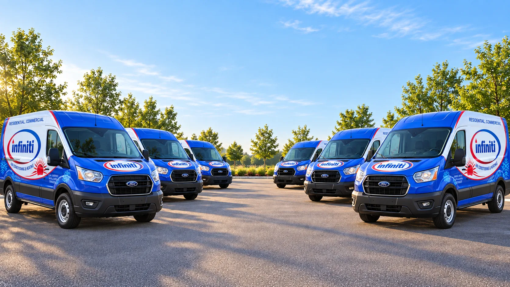 Infiniti Air service vans in a landscaped setting