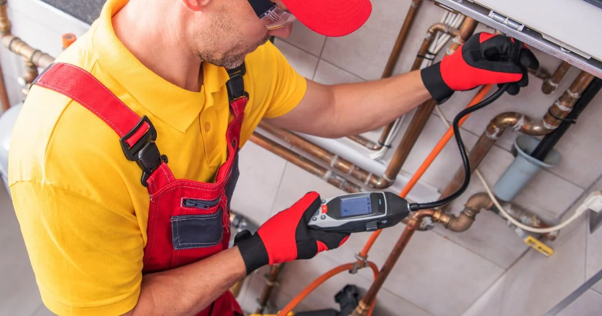 Technician inspecting tankless water heater pipes and connections.